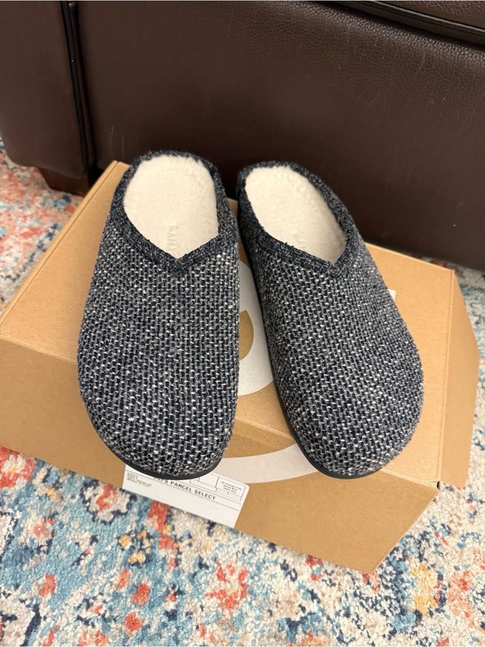 Rothy’s Cozy Clog Slip-On House Slippers in Black Sesame Boucle Charcoal Knit
